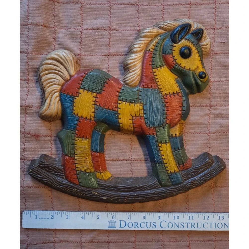 Vintage Patchwork Rocking Horse Wall Plaque Nursery Decor 3D Relief 13x11
